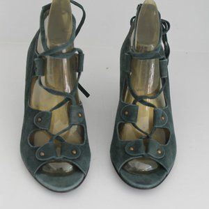 NEW J CREW Teal Open Toe Tie Lace Up Leather Suede Wedge Sandals Shoes 6.5